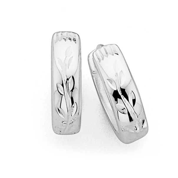 10mm Leaf Pattern Huggie Earrings in Sterling Silver