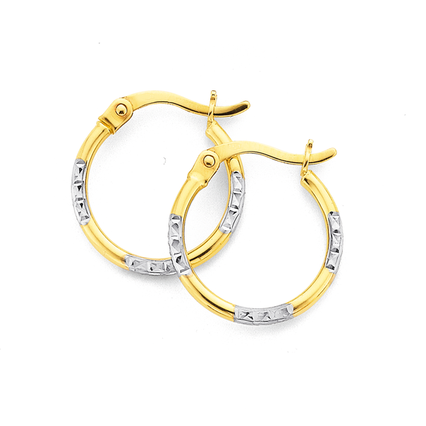 15mm Diamond Cut Hoop Earrings in 9ct Yellow and White Gold