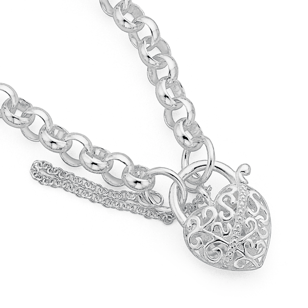 19cm Belcher Bracelet with Heart Padlock in Sterling Silver