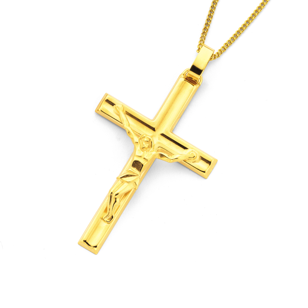 Christian Cross Necklace - Men Pendant In Yellow Gold