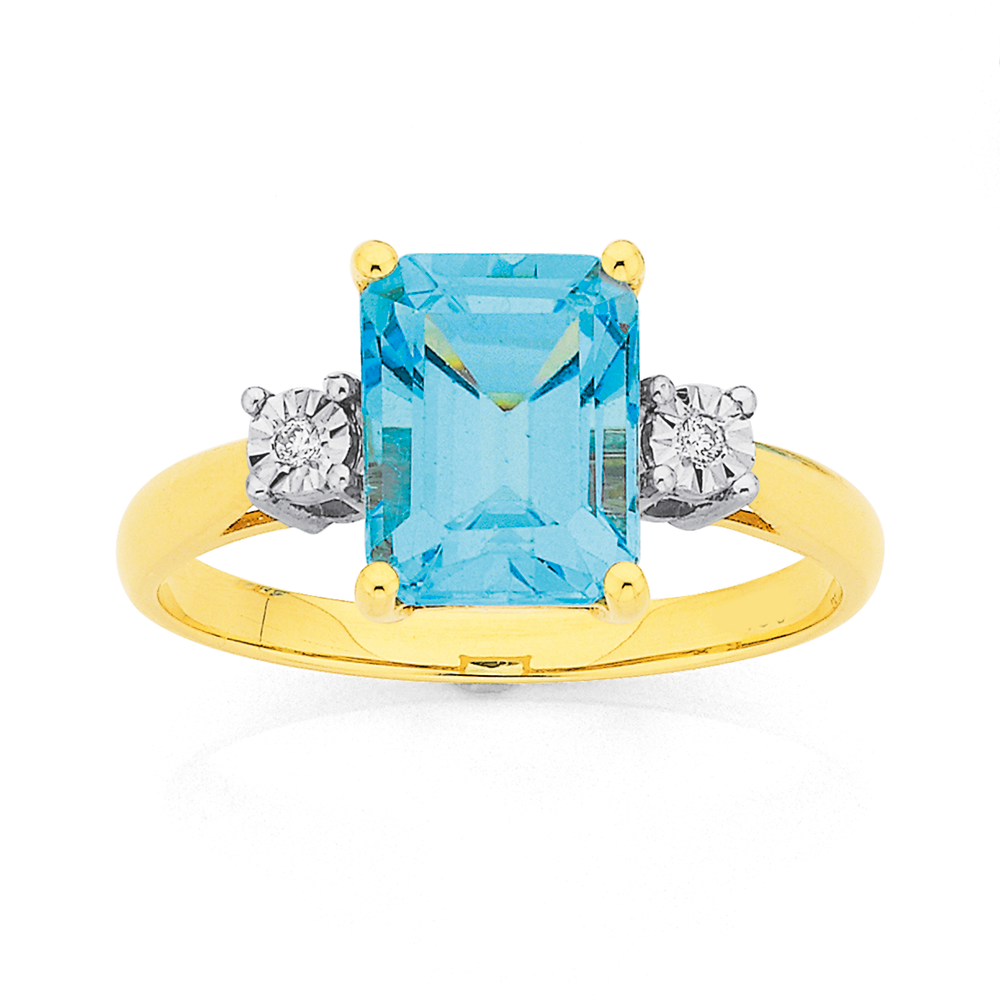 9ct, Blue Topaz & Diamond Ring in Blue
