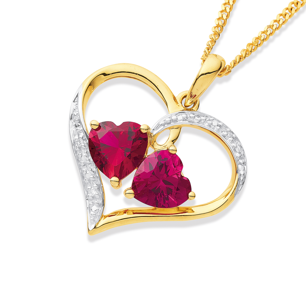 9ct Created Ruby Diamond Heart Pendant in Red Pascoes