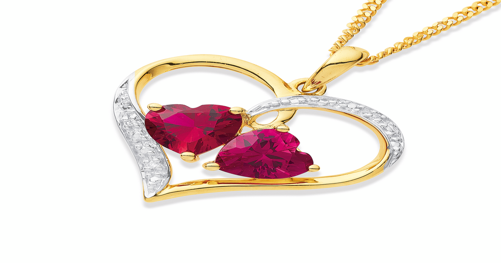 9ct, Created Ruby & Diamond Heart Pendant in Red | Pascoes
