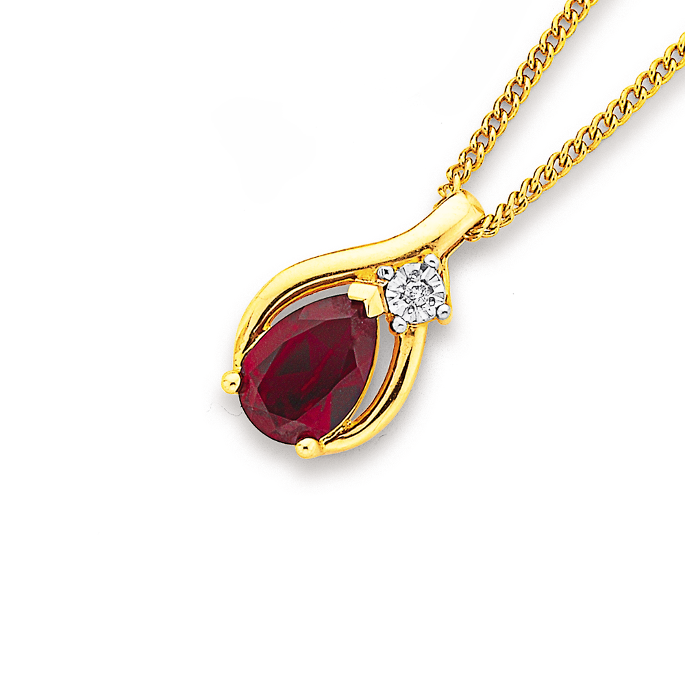 9ct Created Ruby Diamond Pear Shape Pendant in Red Pascoes