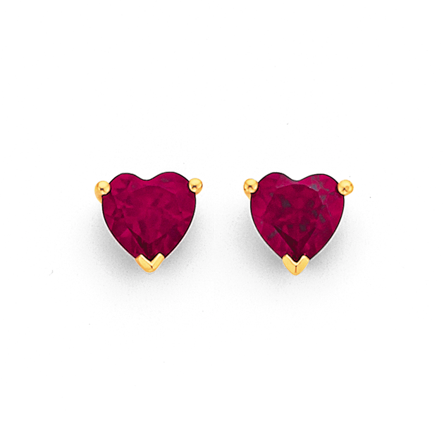 9ct, Created Ruby Heart Stud Earrings in Red | Pascoes