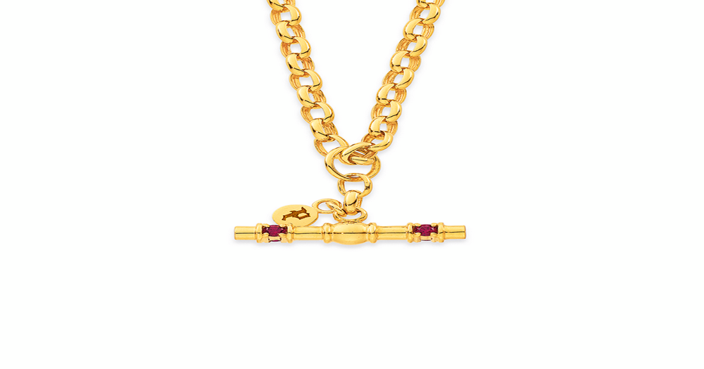 9ct Created Ruby Vintage Fob On 45cm Belcher Chain in Red | Pascoes