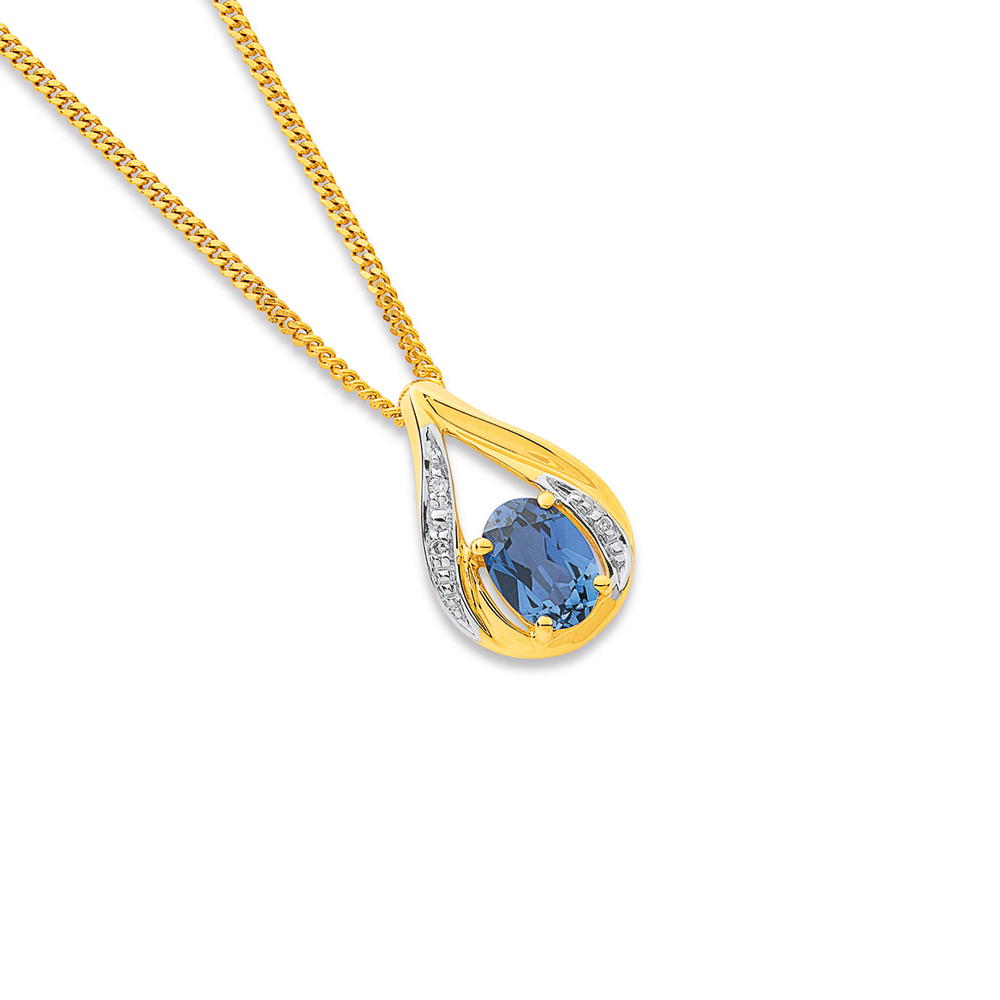 9ct Created Sapphire & Diamond Open Teardrop Slider Pendant in