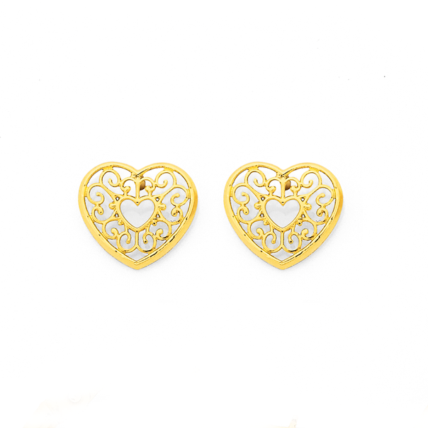 9ct, Filigree Open Heart Stud Earrings
