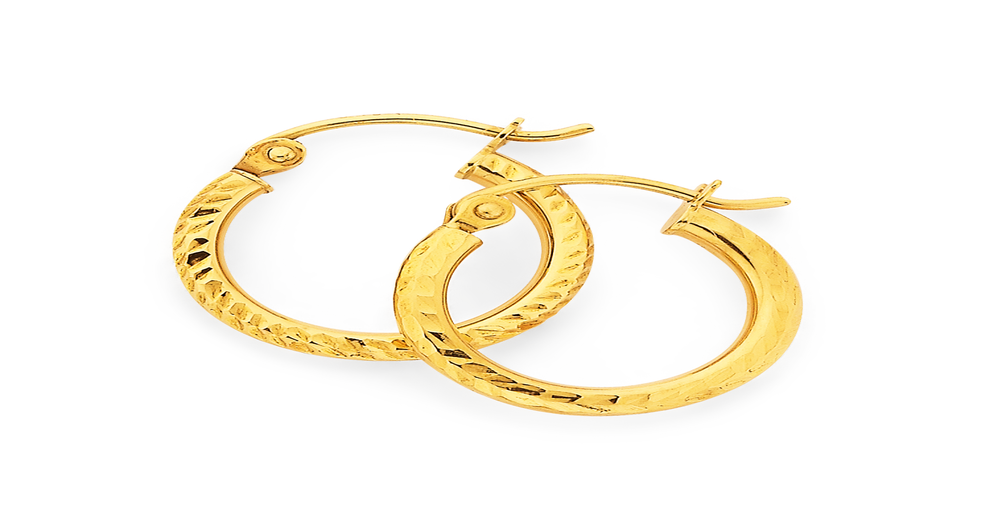 9ct Gold 2x10mm Diamond-cut Hoop Earrings | Pascoes