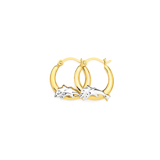 9ct Gold Two Tone Double Dolphin Creole Earrings