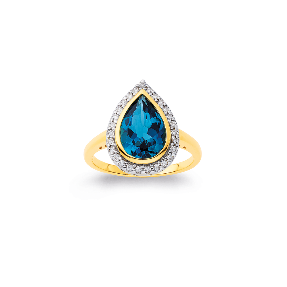 9ct London Blue Topaz And Diamond Pear Shaped Ring Total Diamond