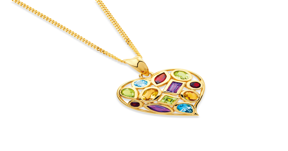9ct, Multi Stone Heart Pendant in Multicolour Pascoes