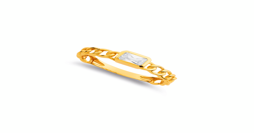 9ct Rectangle Cubic Zirconia Rub Over Chain Link Ring in Clear | Pascoes