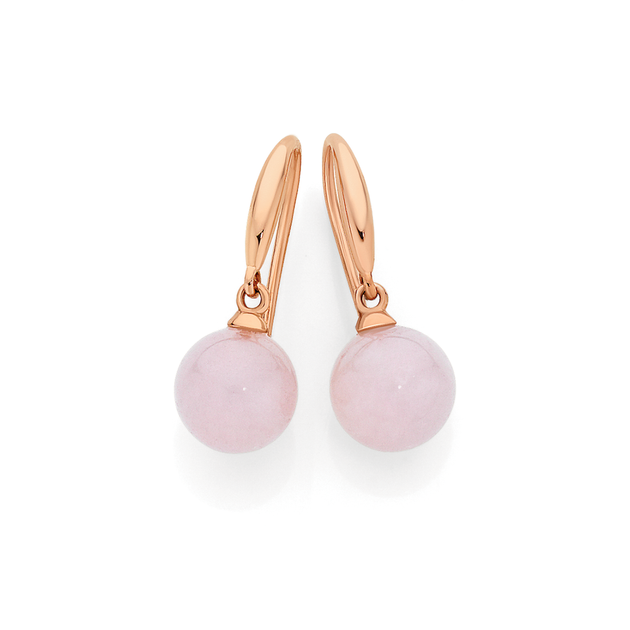 9ct Rose Gold, Rose Quartz Round Drop Hook Earrings in Pink Pascoes