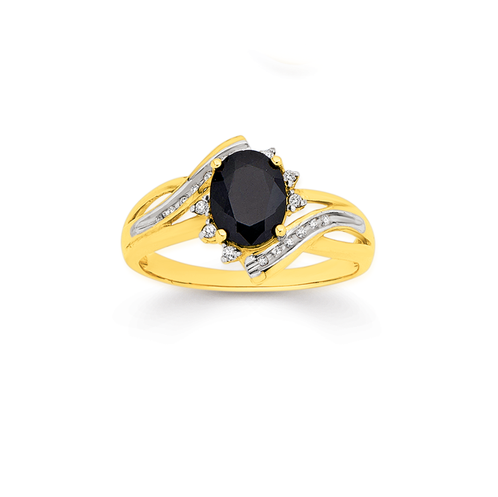 9ct Sapphire Diamond Oval Open Swirl Ring in Black Pascoes
