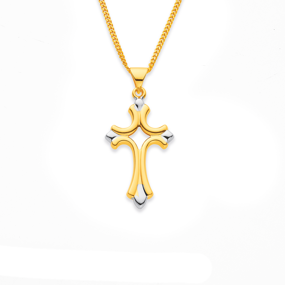 Mens Two Tone Gold Stainless Steel Cross Pendant With 24