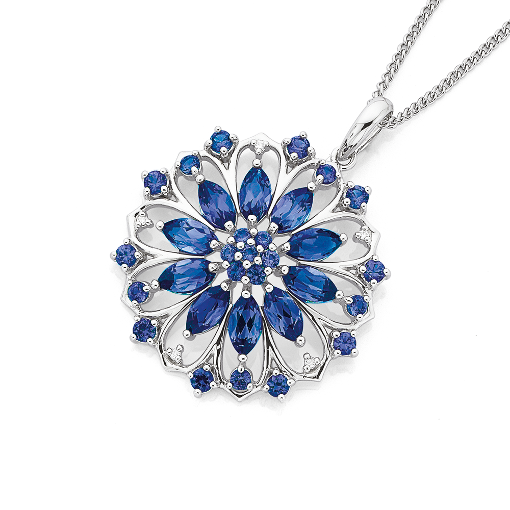 9ct White Gold Created Sapphire Diamond Flower Pendant in Blue Pascoes