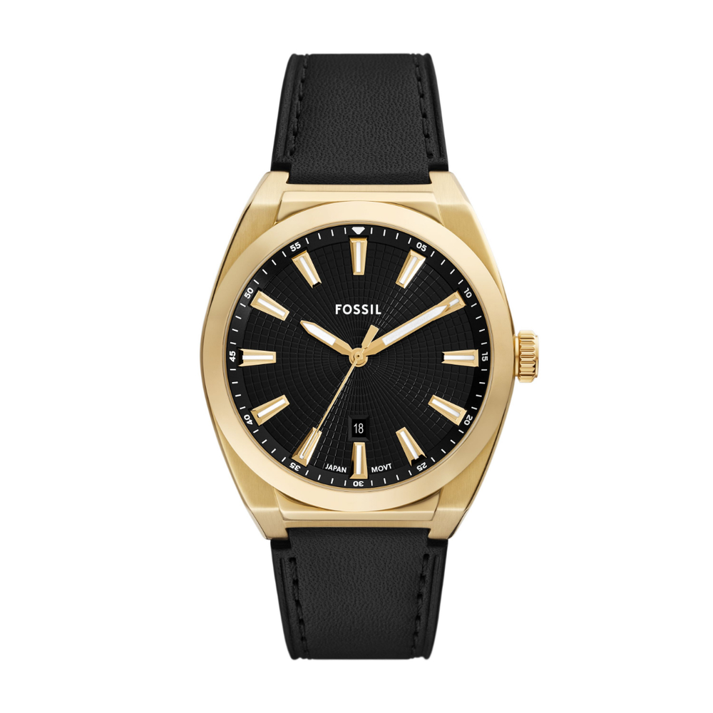 Fossil Carraway Gold Tone Black Leather Strap in Gold Pascoes