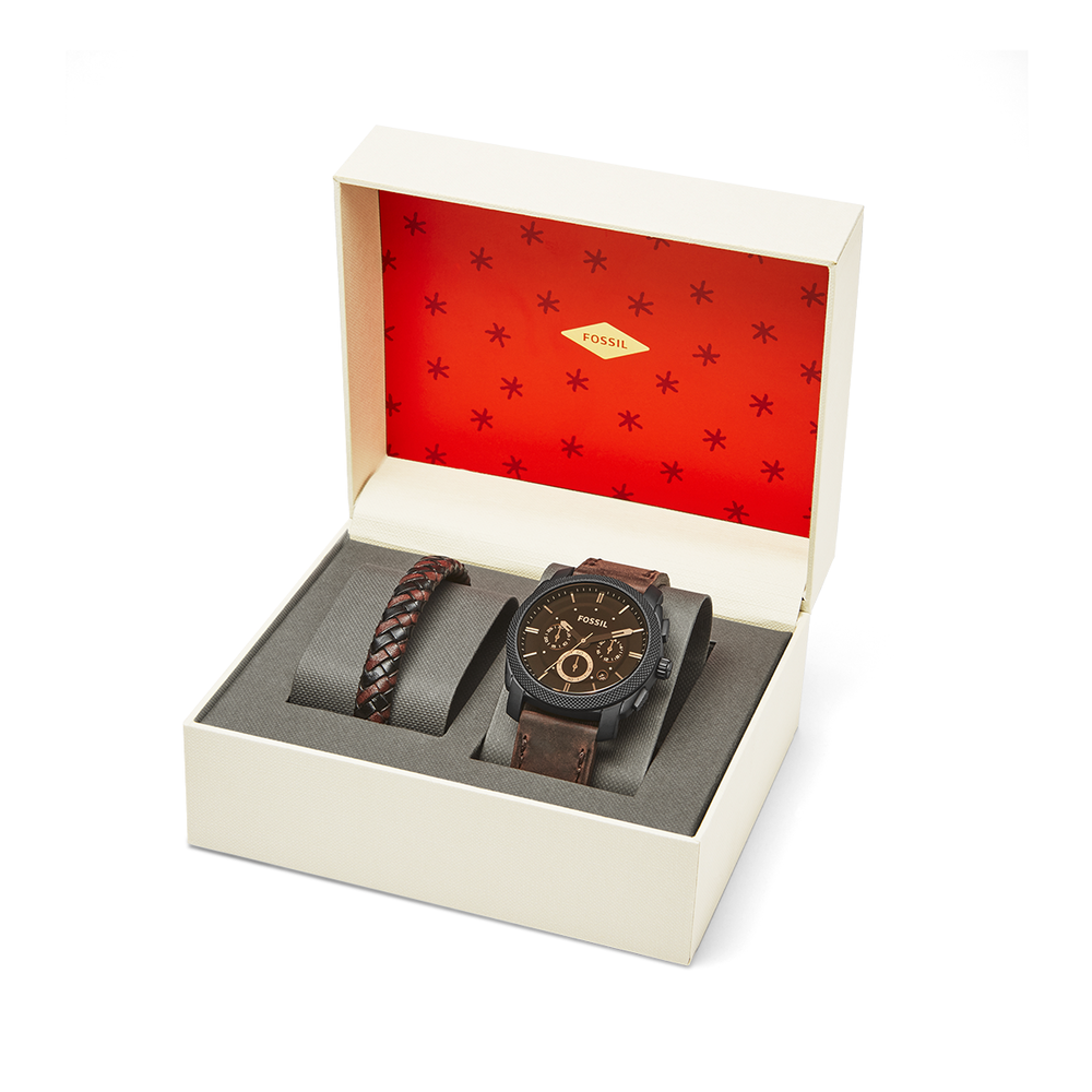 Fossil Machine Chronograph Watch & Leather Bracelet Box Set in Black |  Pascoes