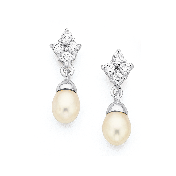 Freshwater Pearl & Cubic Zirconia Earrings in Sterling Silver