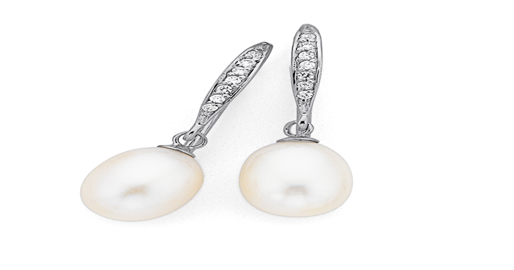 Freshwater Pearl Cubic Zirconia Hook Earrings In Sterling Silver