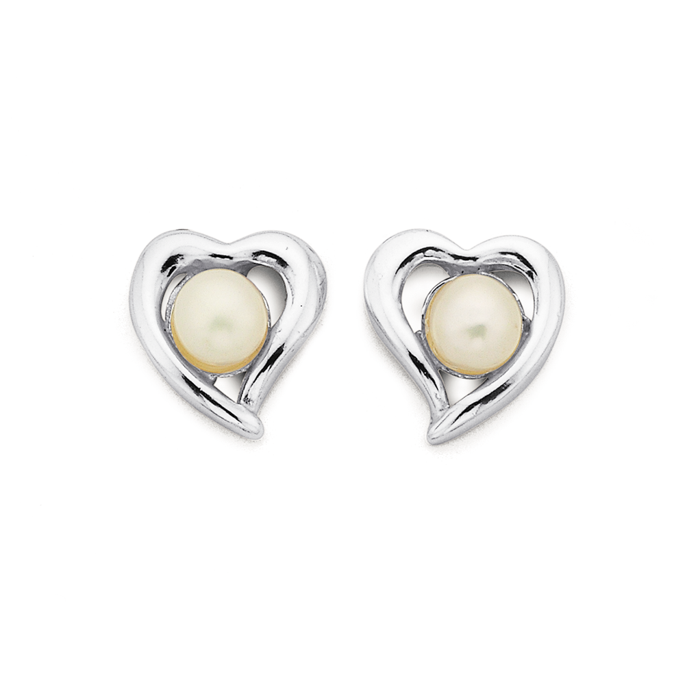 Freshwater Pearl Heart Stud Earrings In Sterling Silver in White