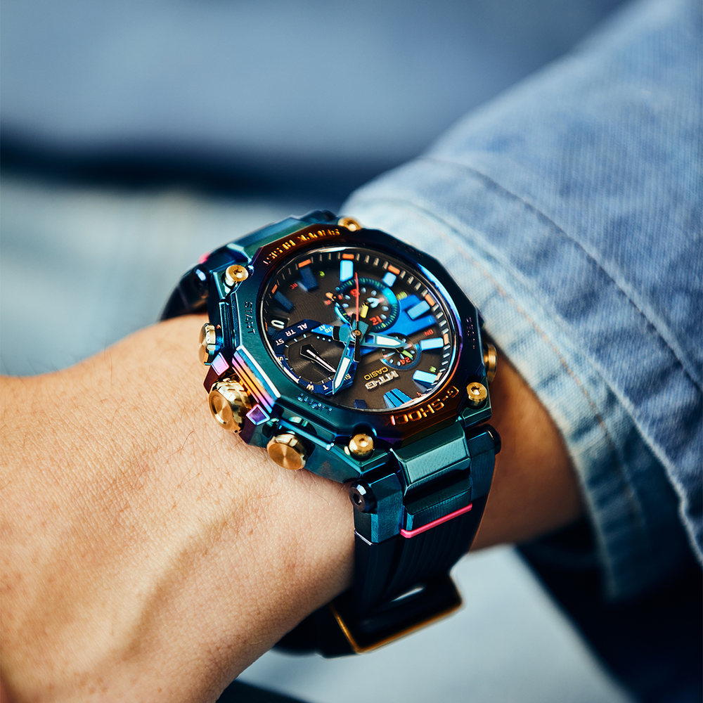 G Shock Mtg B00ph 2a Blue Phoenix With Rainbow Ip Mtgb00ph 2a Watches Pascoes The Jewellers