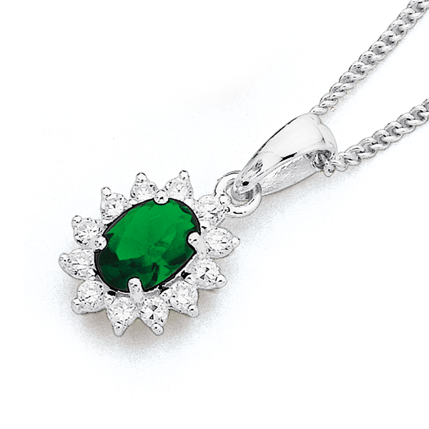Green & White Cubic Zirconia Cluster Pendant in Sterling Silver