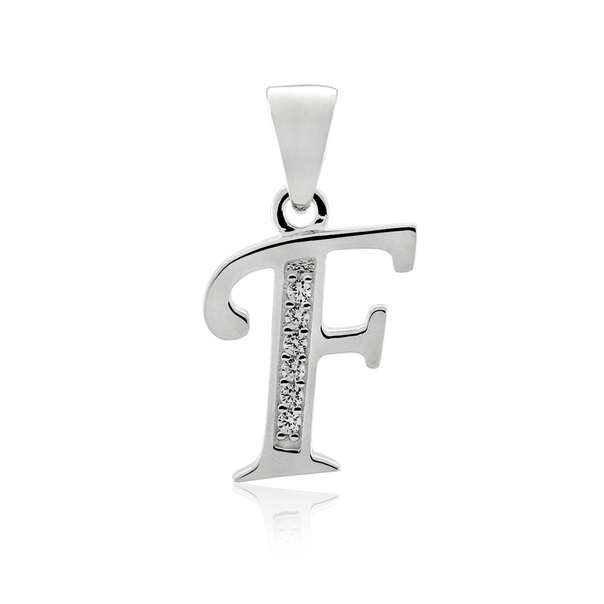Initial F Letter Pendant in Sterling Silver with CZ