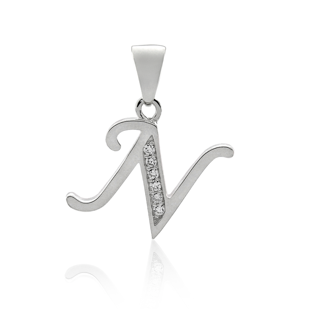 Initial N Letter Pendant In Sterling Silver With Cz in White Pascoes