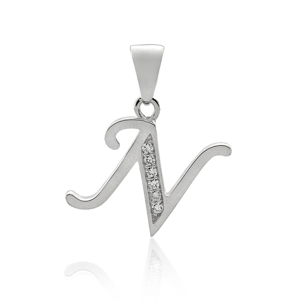 Initial N Letter Pendant in Sterling Silver with CZ