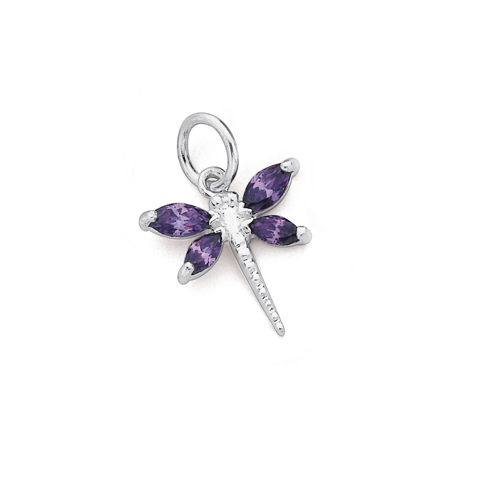 Purple Cz Dragonfly Charm In Sterling Silver in Purple Pascoes