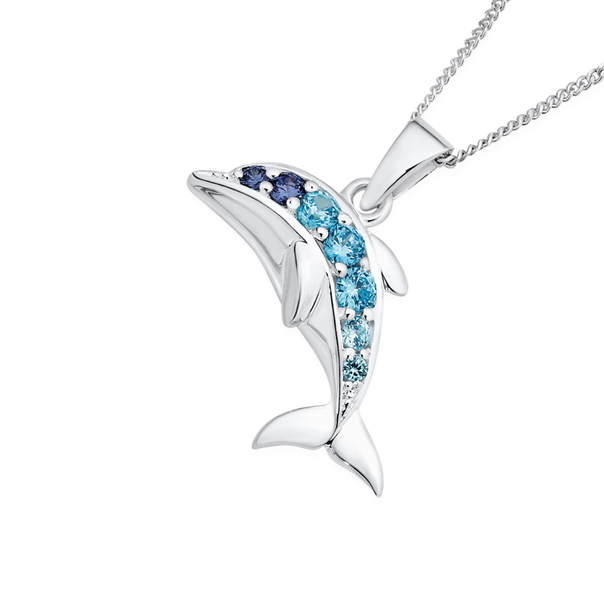Silver Blue CZ Dolphin Pendant