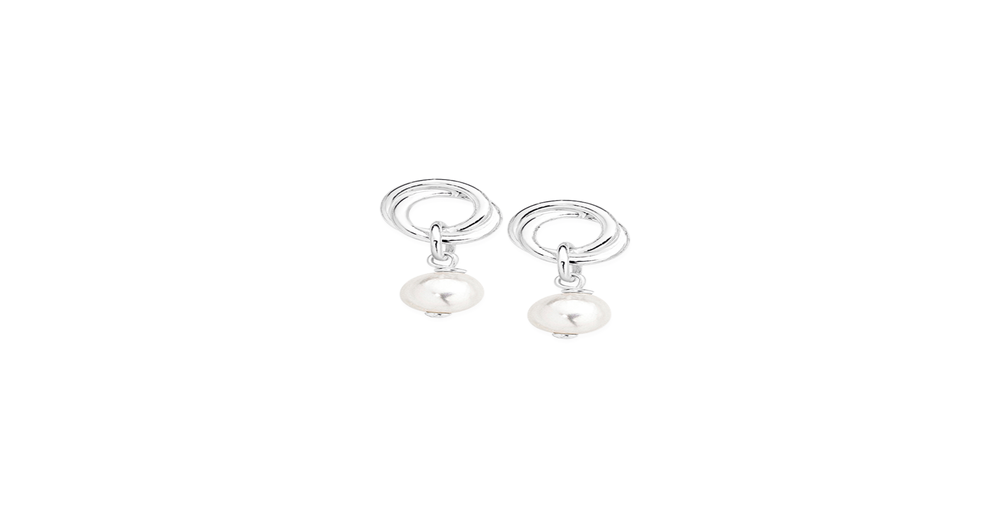 Silver Culture Freshwater Pearl On Double Ring Drop Earrings in White ...