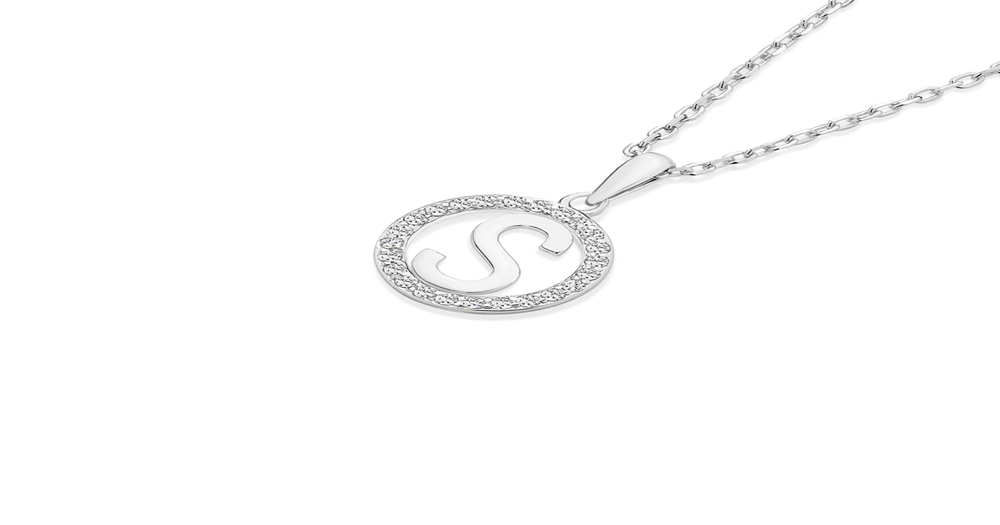 Silver Initial S In Cz Round Pendant in Clear Pascoes