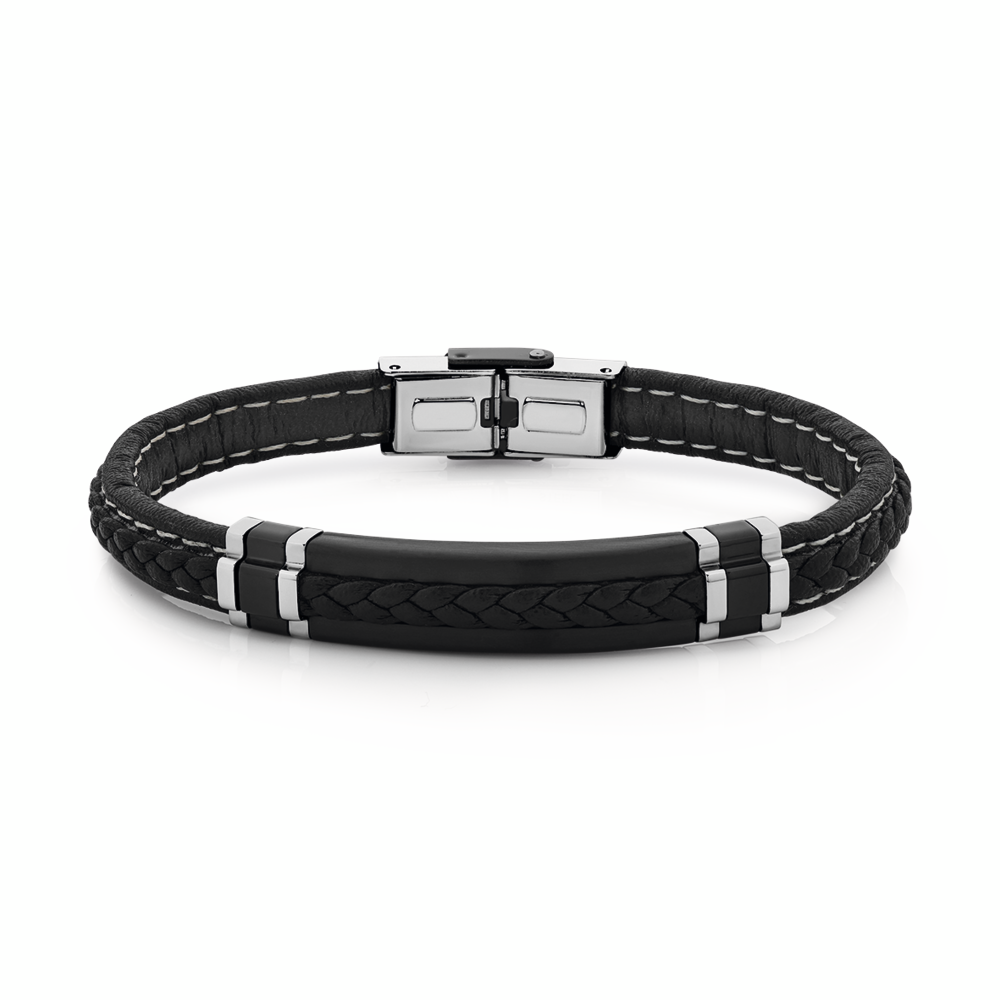 Stainless Steel Chisel 21cm Black Leather Plait Bracelet | Pascoes