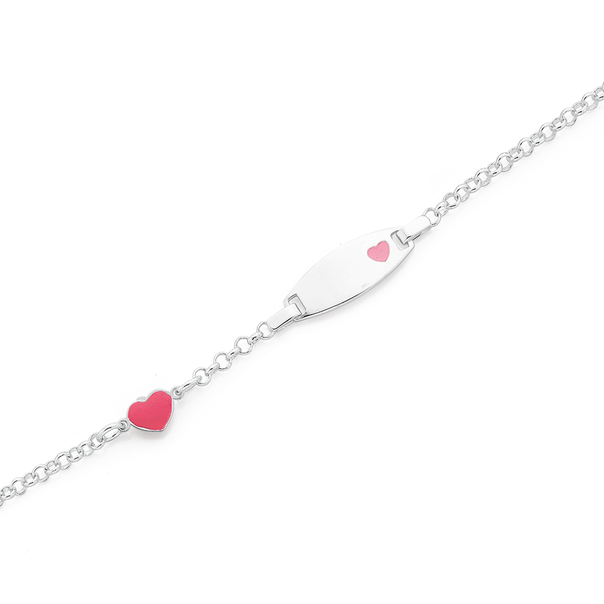 Sterling Silver 15cm Pink Enamel Heart ID Bracelet