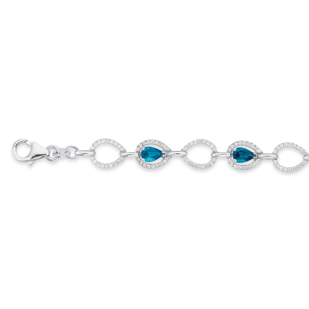 Sterling Silver 19cm Cubic Zirconia Blue Pear Halo Bracelet