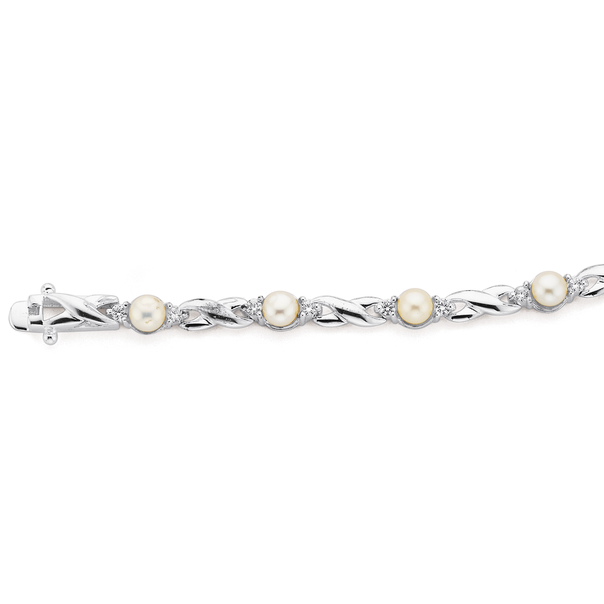 Sterling Silver 19cm Freshwater Pearl & Cubic Zirconia Crossover Bracelet
