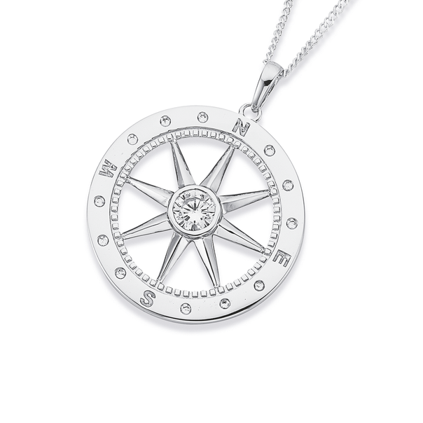Sterling Silver 25mm Compass Pendant with Cubic Zirconia