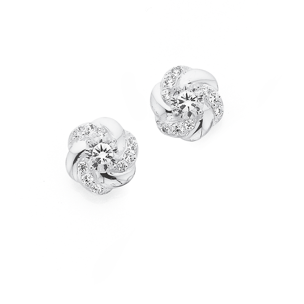 Sterling Silver 4 Claw Cubic Zirconia In Knot Studs