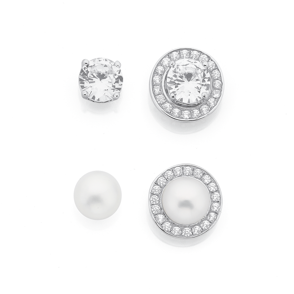 Sterling Silver 4 Ways Pearl & Cubic Zirconia Studs