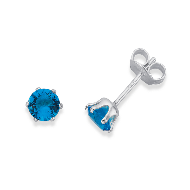 Sterling Silver Blue Cubic Zirconia Round 6-Claw Stud Earrings