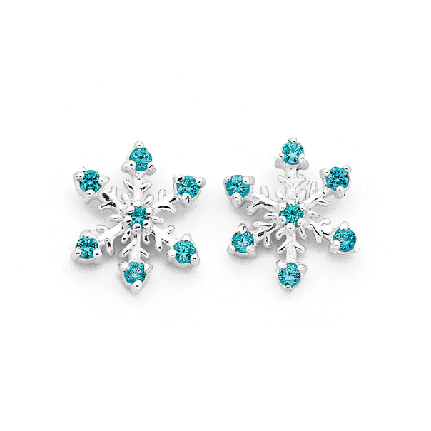 Sterling Silver Blue Cubic Zirconia Snowflake Studs