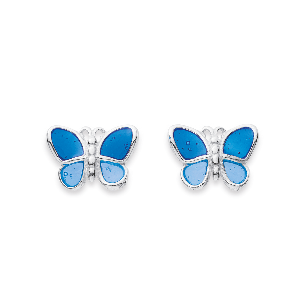 Sterling Silver Blue Enamel Butterfly Studs in Blue Pascoes