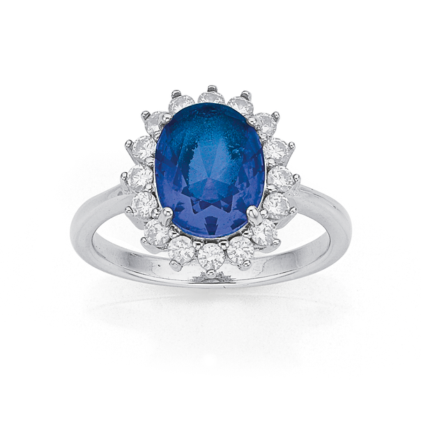 Sterling Silver Blue Glass & Cubic Zirconia Ring