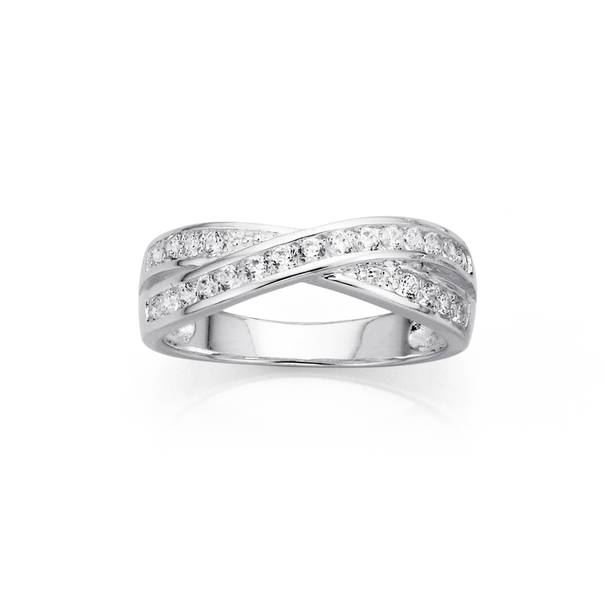 Sterling Silver Channel Set Cubic Zirconia Kiss Ring