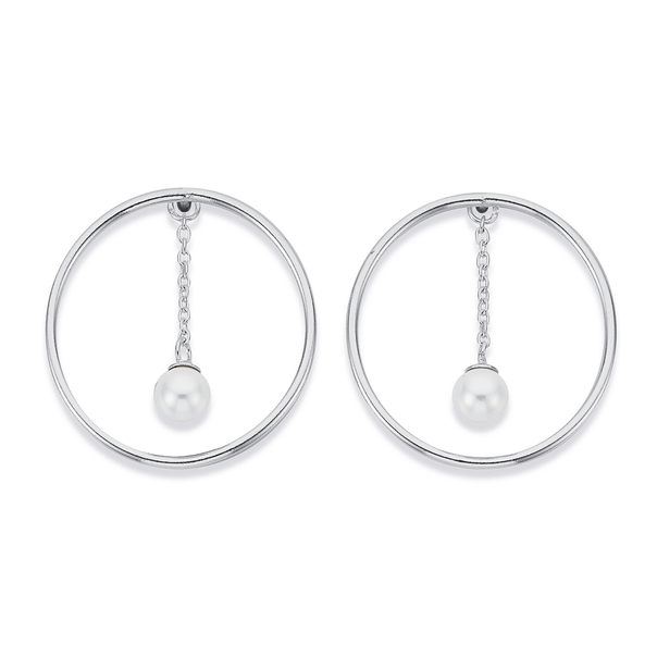 Sterling Silver Created Pearl on Chain (Removeable) in Open Circle Earrings