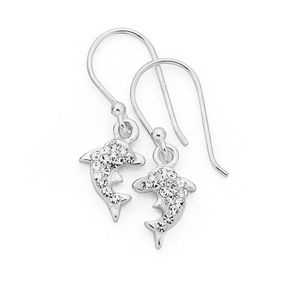 Sterling Silver Crystal Dolphin Earrings in White Pascoes