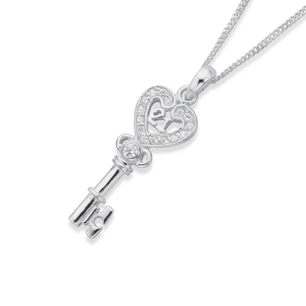 Sterling Silver Cubic Zirconia 21 Pave Heart Key Pendant